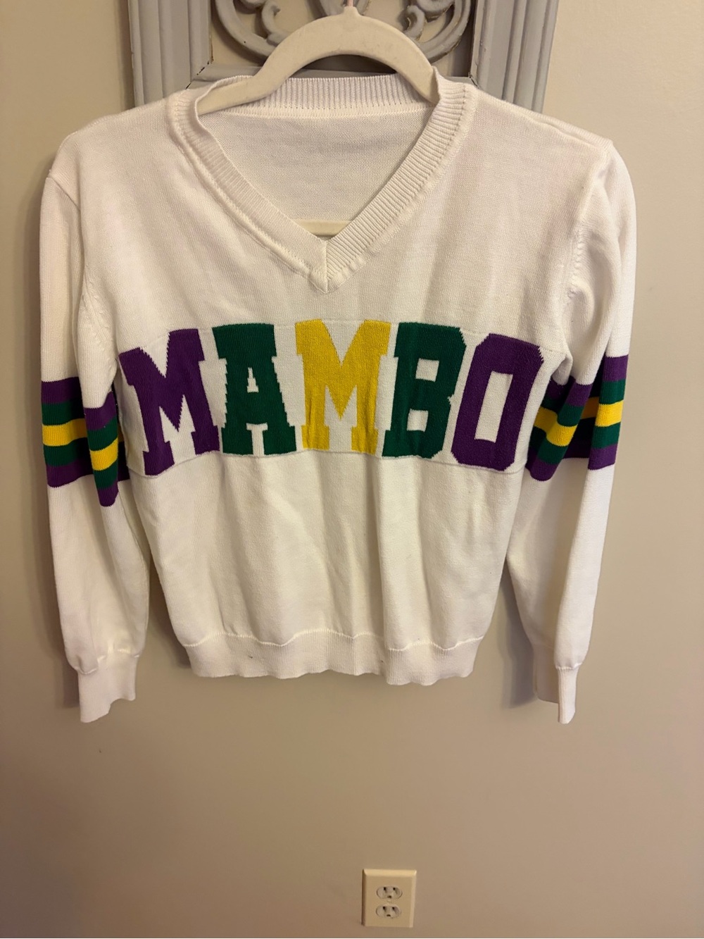 Mardi Gras V-Neck 'MAMBO' Letter Knit Sweater White with Green, Purple & Yellow